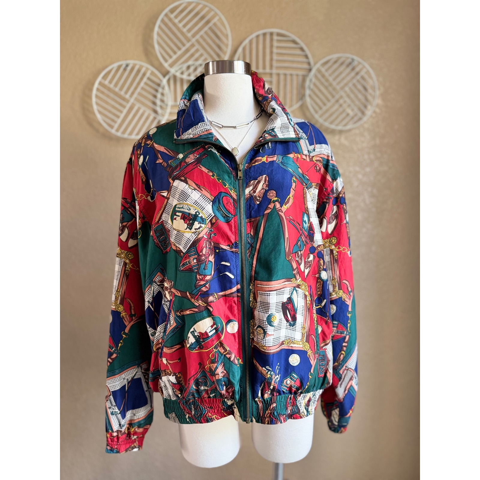 Evr Vintage 100% Silk Bomber Jacket Large Equestrian Golf Print Windbreaker Red